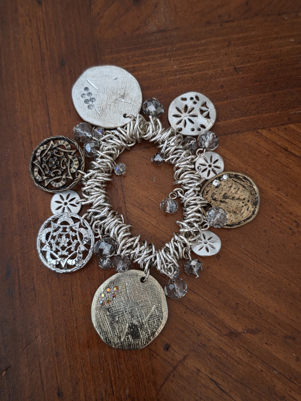 Vtg Boho Mixed Metal Chunky Charm Stretch Bracelet Silver Gold Medallion Crystal
